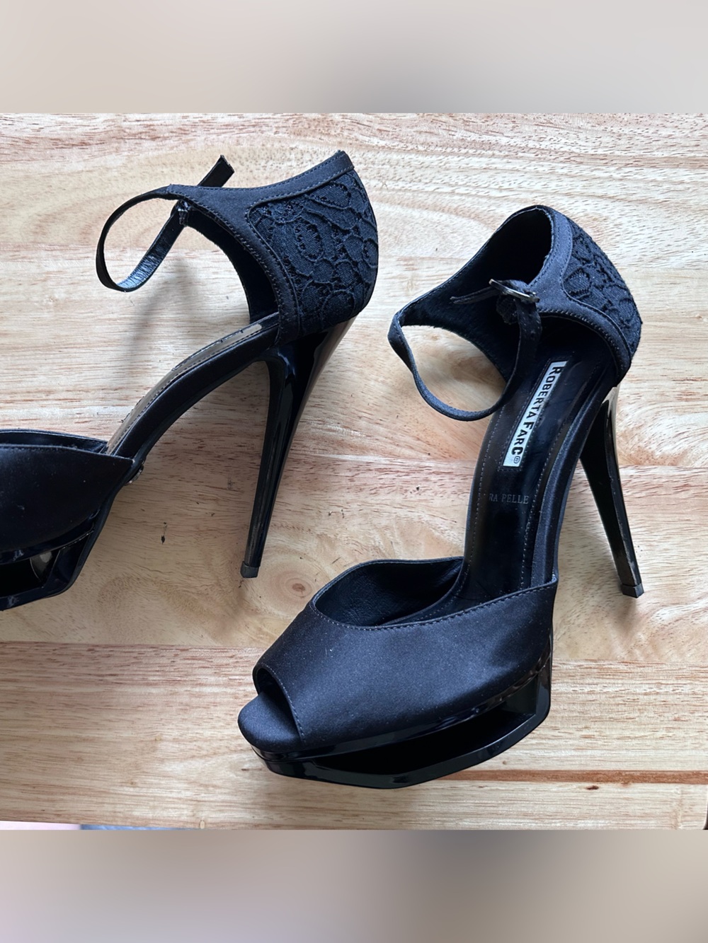 ROBERTA FARC Black Satin & Lace Peep-Toe Stiletto Heels